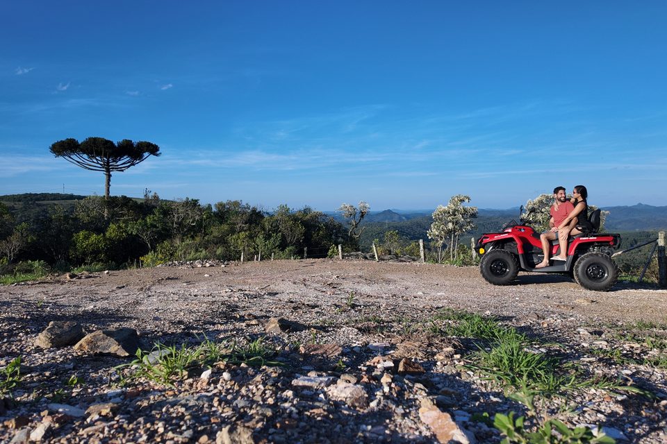 O quadriciclo parado no alto de um morro, ao lado de uma araucária