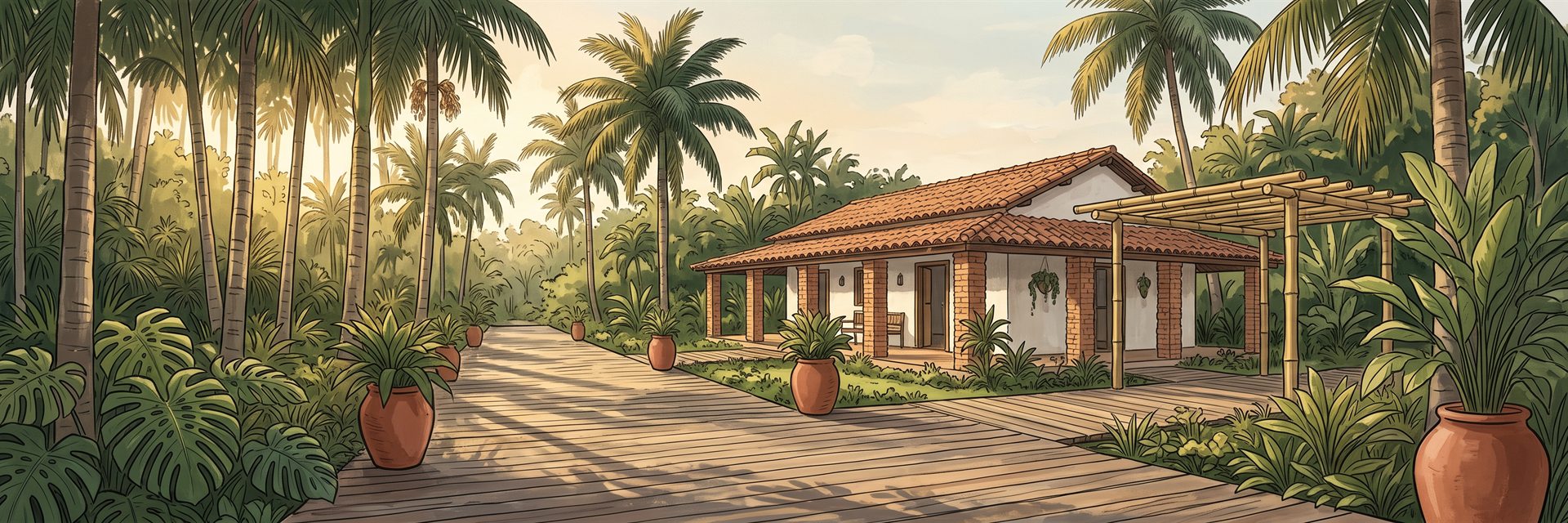 Ilustração do Vila La Selva: o deck de madeira entre as palmeiras, a casa de telha e o pergolado, na luz do fim de tarde